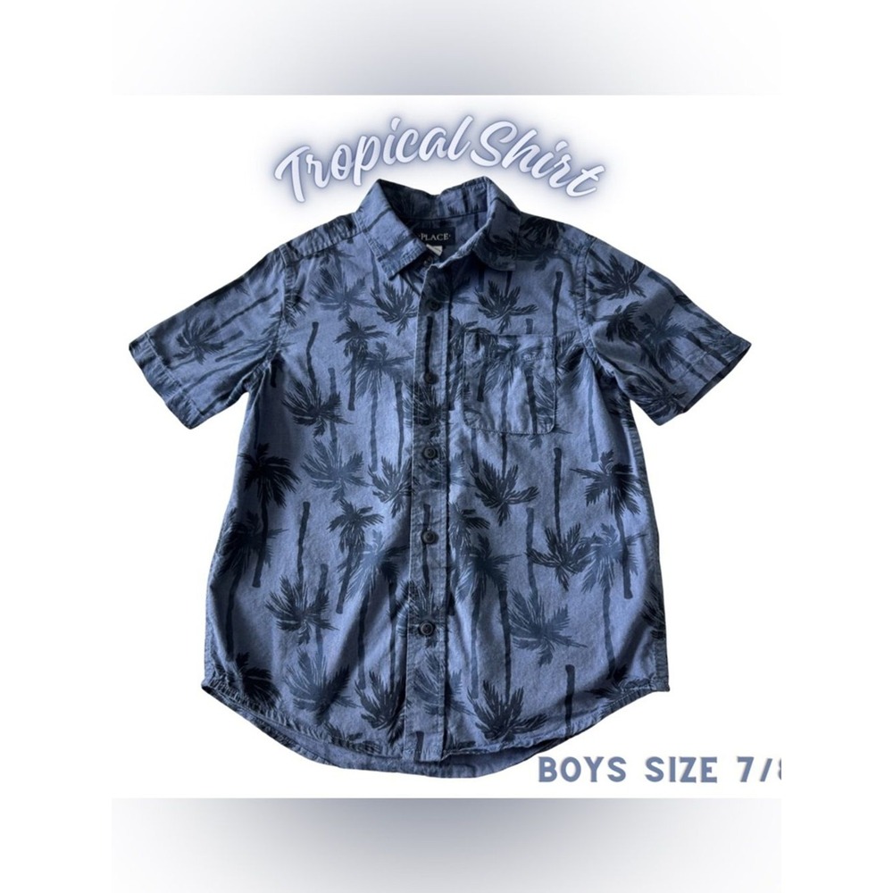 Boys 7/8 The Children's Place Tropical Palm Tree Print Button Down Shirt Blue VG